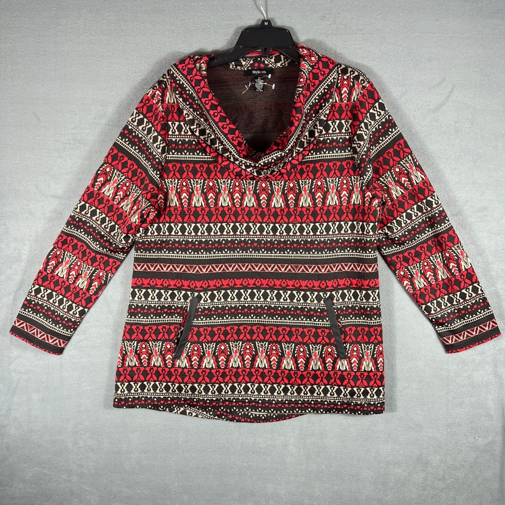 Style & Co Womens Tunic Top XL Red Black Fair Isle Cowl Neck Long Sleeve Pockets